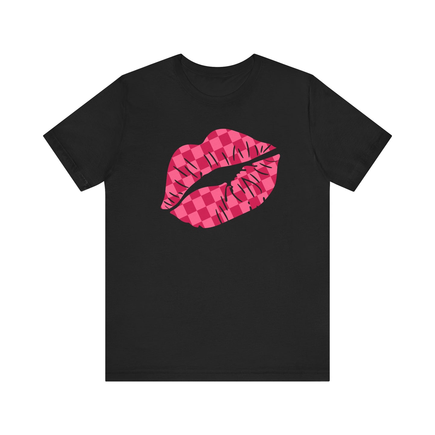 Checkered Smooch T-Shirt, Hot Pink Lips Tee, Fuchsia Kiss Shirt, Unisex Graphic Top, Kiss Print Apparel, Valentine's Shirt,