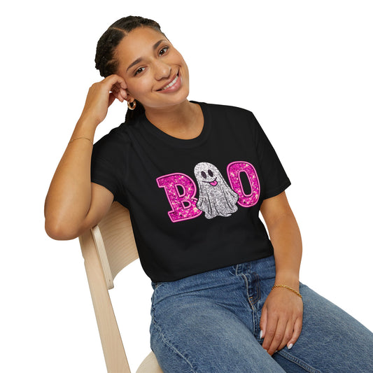 Faux Glitter "BOO" Shirt – Spooky Meets Sparkly! - Unisex Softstyle T-Shirt