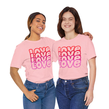 Love Repeat Tee, Red Pink Bold Outline Font T-Shirt, Heart Pattern Shirt, Valentine's Day Graphic Top, Unisex Jersey Short Sleeve Tee