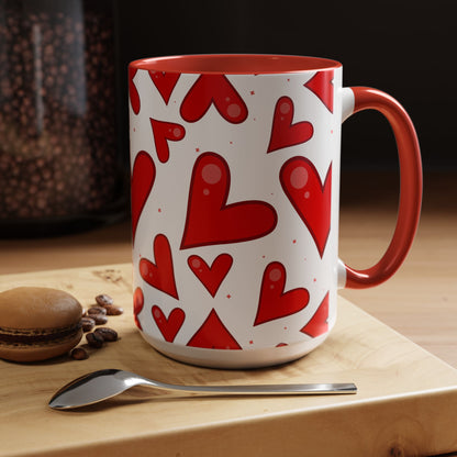 Red Hearts Accent Mug, Coffee Cup with Big Red Hearts, White Background, Red Handle and Inside, Valentine's Day Gift, Love Mug, Romantic