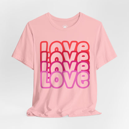 Love Repeat Tee, Red Pink Bold Outline Font T-Shirt, Heart Pattern Shirt, Valentine's Day Graphic Top, Unisex Jersey Short Sleeve Tee