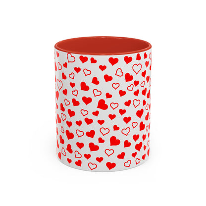 Heart Pattern Coffee Mug, Red Accent Handle, White 11 oz & 15 oz Mug, Valentine's Day Gift, Love Theme Cup, Romantic Drinkware