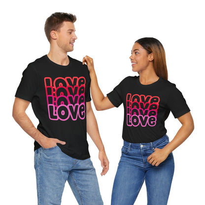 Love Repeat Tee, Red Pink Bold Outline Font T-Shirt, Heart Pattern Shirt, Valentine's Day Graphic Top, Unisex Jersey Short Sleeve Tee