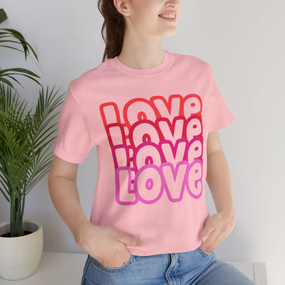 Love Repeat Tee, Red Pink Bold Outline Font T-Shirt, Heart Pattern Shirt, Valentine's Day Graphic Top, Unisex Jersey Short Sleeve Tee