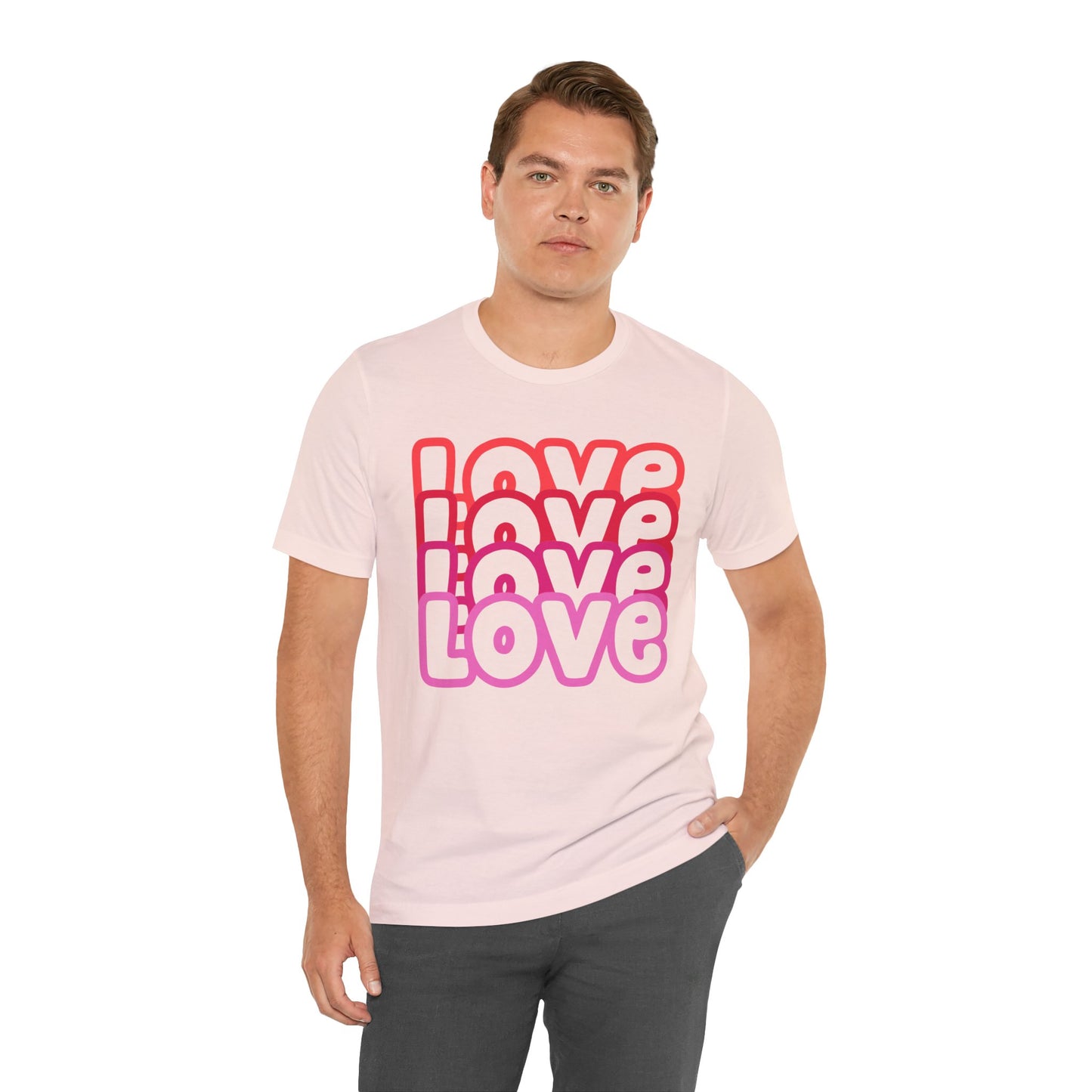 Love Repeat Tee, Red Pink Bold Outline Font T-Shirt, Heart Pattern Shirt, Valentine's Day Graphic Top, Unisex Jersey Short Sleeve Tee