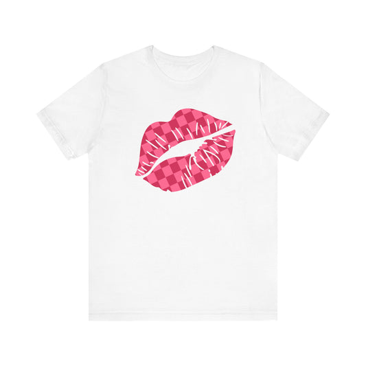 Checkered Smooch T-Shirt, Hot Pink Lips Tee, Fuchsia Kiss Shirt, Unisex Graphic Top, Kiss Print Apparel, Valentine's Shirt,