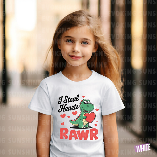 I Steal Hearts Kids Tee, Dinosaur Shirt, Cute Dino Children's T-Shirt, Heart Graphic Youth Top, Valentine's Shirt, RAWR shirt