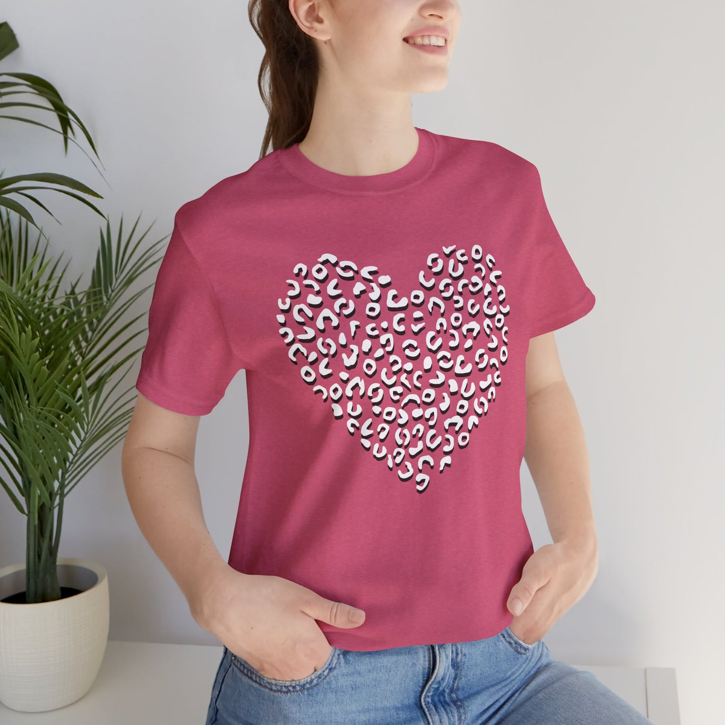 Leopard Spots Heart Valentine's Tee, Unisex Jersey Short Sleeve T-Shirt, Pink or Red Shirt, Gift for Animal Print Lovers, Valentine's Day