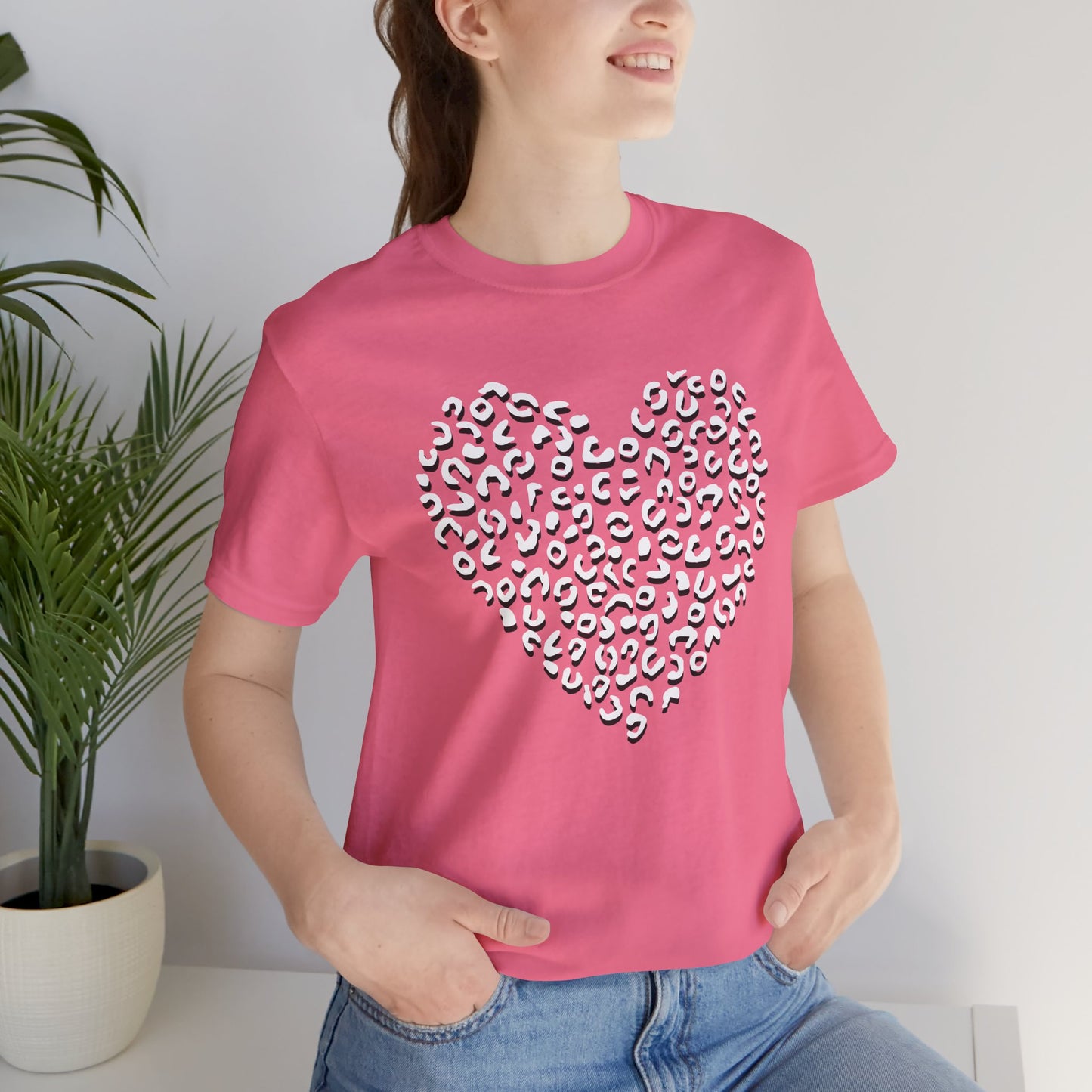 Leopard Spots Heart Valentine's Tee, Unisex Jersey Short Sleeve T-Shirt, Pink or Red Shirt, Gift for Animal Print Lovers, Valentine's Day