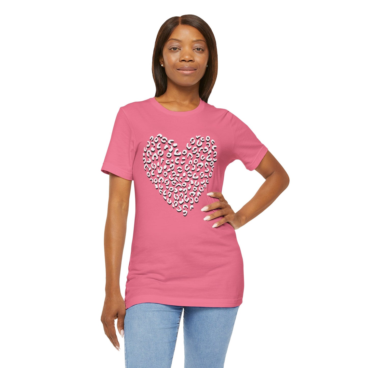 Leopard Spots Heart Valentine's Tee, Unisex Jersey Short Sleeve T-Shirt, Pink or Red Shirt, Gift for Animal Print Lovers, Valentine's Day