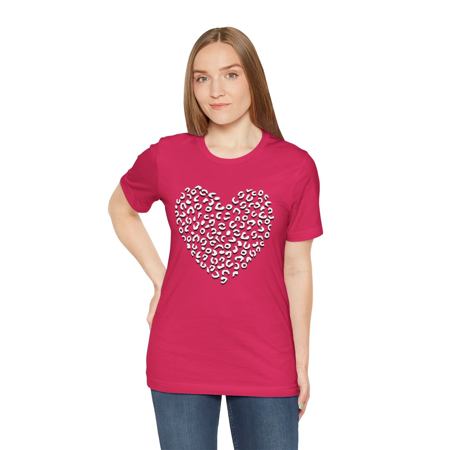 Leopard Spots Heart Valentine's Tee, Unisex Jersey Short Sleeve T-Shirt, Pink or Red Shirt, Gift for Animal Print Lovers, Valentine's Day