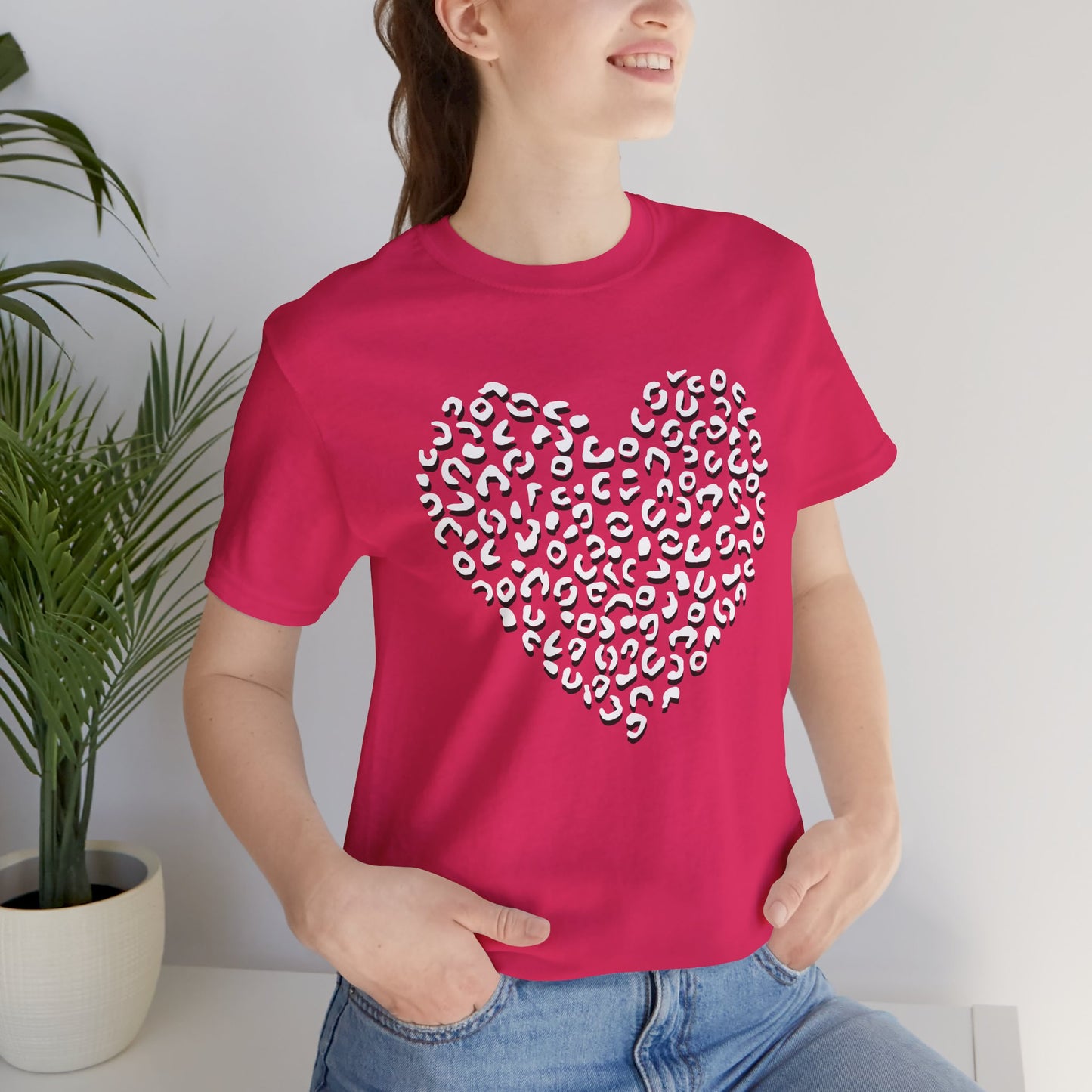 Leopard Spots Heart Valentine's Tee, Unisex Jersey Short Sleeve T-Shirt, Pink or Red Shirt, Gift for Animal Print Lovers, Valentine's Day