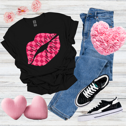 Checkered Smooch T-Shirt, Hot Pink Lips Tee, Fuchsia Kiss Shirt, Unisex Graphic Top, Kiss Print Apparel, Valentine's Shirt,