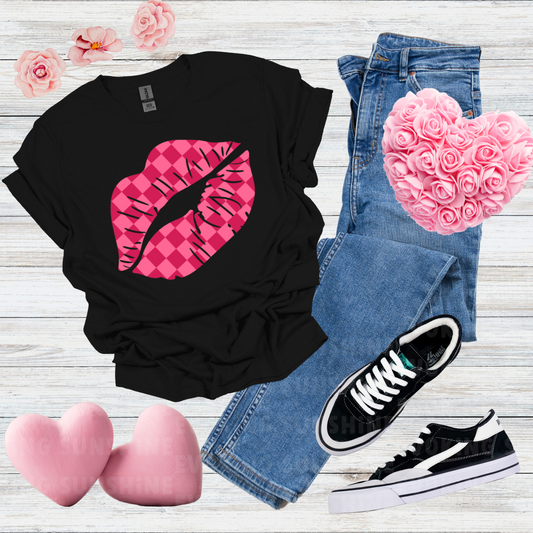 Checkered Smooch T-Shirt, Hot Pink Lips Tee, Fuchsia Kiss Shirt, Unisex Graphic Top, Kiss Print Apparel, Valentine's Shirt,