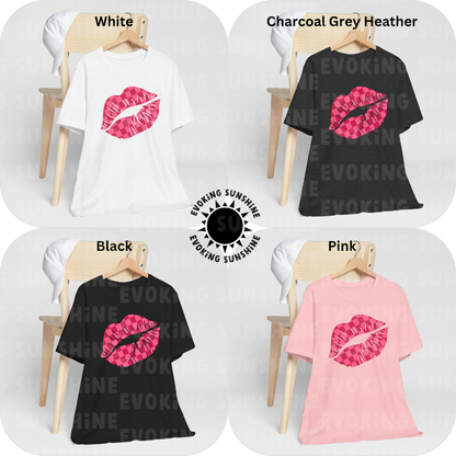 Checkered Smooch T-Shirt, Hot Pink Lips Tee, Fuchsia Kiss Shirt, Unisex Graphic Top, Kiss Print Apparel, Valentine's Shirt,