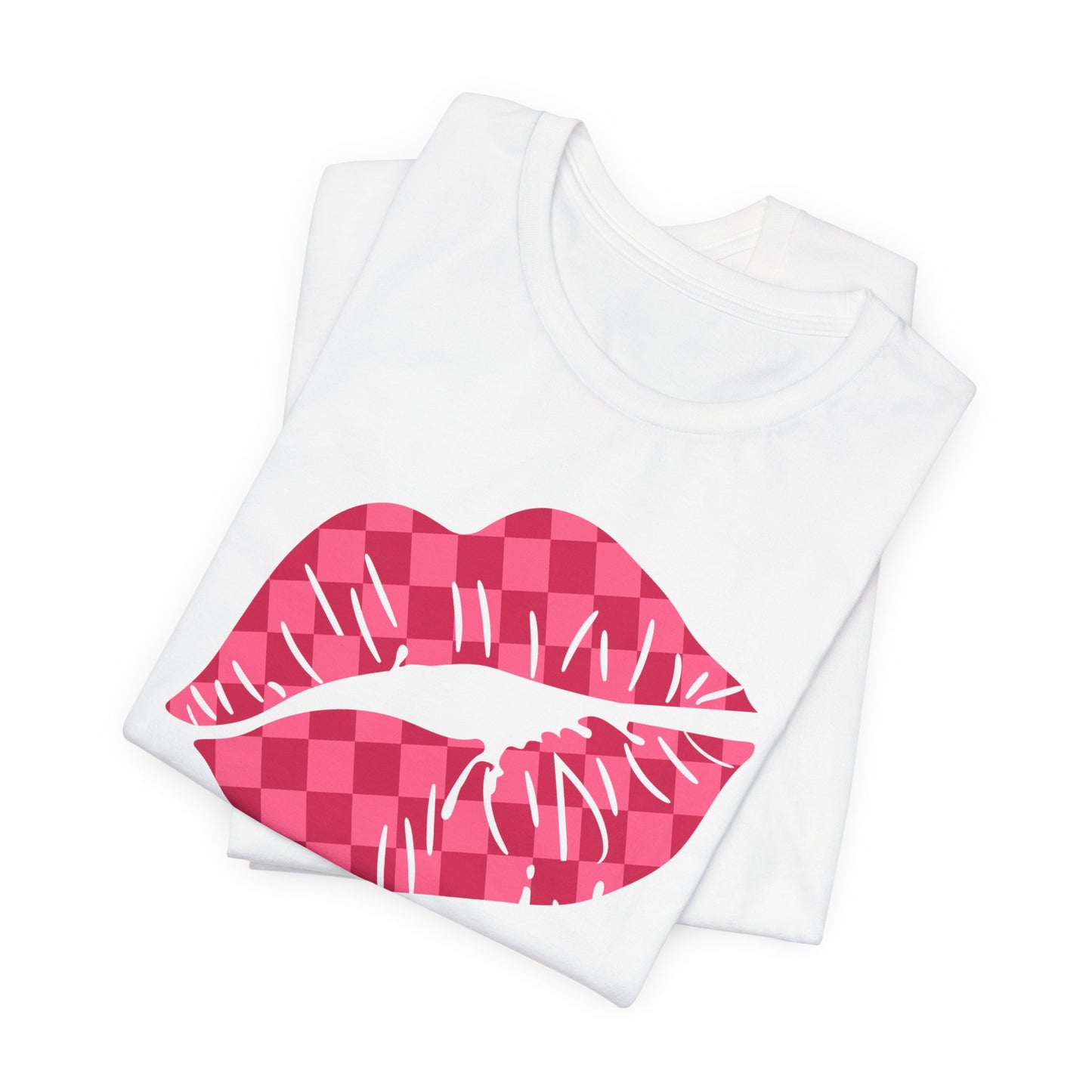 Checkered Smooch T-Shirt, Hot Pink Lips Tee, Fuchsia Kiss Shirt, Unisex Graphic Top, Kiss Print Apparel, Valentine's Shirt,