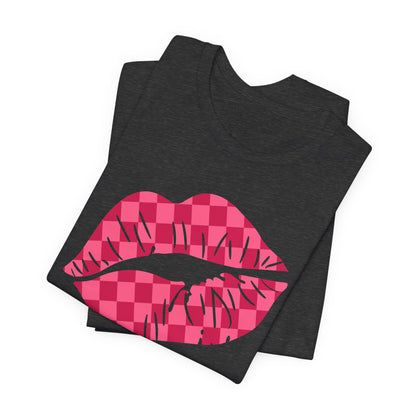 Checkered Smooch T-Shirt, Hot Pink Lips Tee, Fuchsia Kiss Shirt, Unisex Graphic Top, Kiss Print Apparel, Valentine's Shirt,