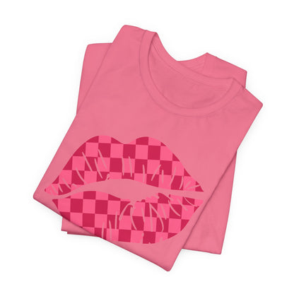 Checkered Smooch T-Shirt, Hot Pink Lips Tee, Fuchsia Kiss Shirt, Unisex Graphic Top, Kiss Print Apparel, Valentine's Shirt,