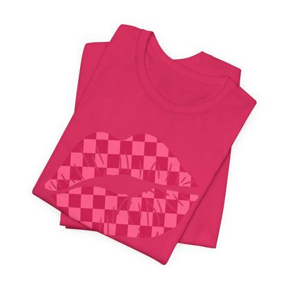 Checkered Smooch T-Shirt, Hot Pink Lips Tee, Fuchsia Kiss Shirt, Unisex Graphic Top, Kiss Print Apparel, Valentine's Shirt,