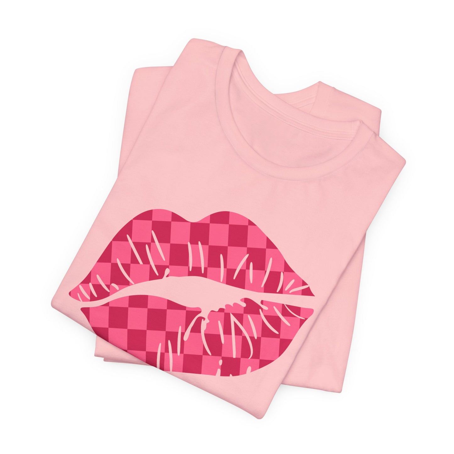 Checkered Smooch T-Shirt, Hot Pink Lips Tee, Fuchsia Kiss Shirt, Unisex Graphic Top, Kiss Print Apparel, Valentine's Shirt,