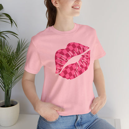 Checkered Smooch T-Shirt, Hot Pink Lips Tee, Fuchsia Kiss Shirt, Unisex Graphic Top, Kiss Print Apparel, Valentine's Shirt,