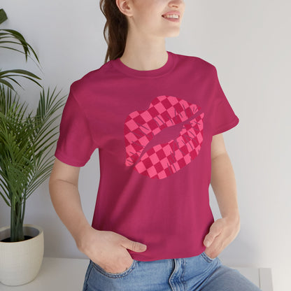 Checkered Smooch T-Shirt, Hot Pink Lips Tee, Fuchsia Kiss Shirt, Unisex Graphic Top, Kiss Print Apparel, Valentine's Shirt,