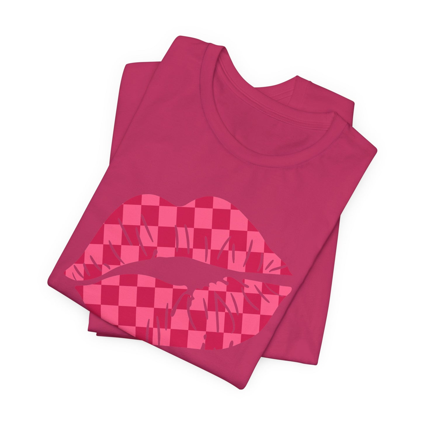 Checkered Smooch T-Shirt, Hot Pink Lips Tee, Fuchsia Kiss Shirt, Unisex Graphic Top, Kiss Print Apparel, Valentine's Shirt,