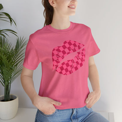 Checkered Smooch T-Shirt, Hot Pink Lips Tee, Fuchsia Kiss Shirt, Unisex Graphic Top, Kiss Print Apparel, Valentine's Shirt,