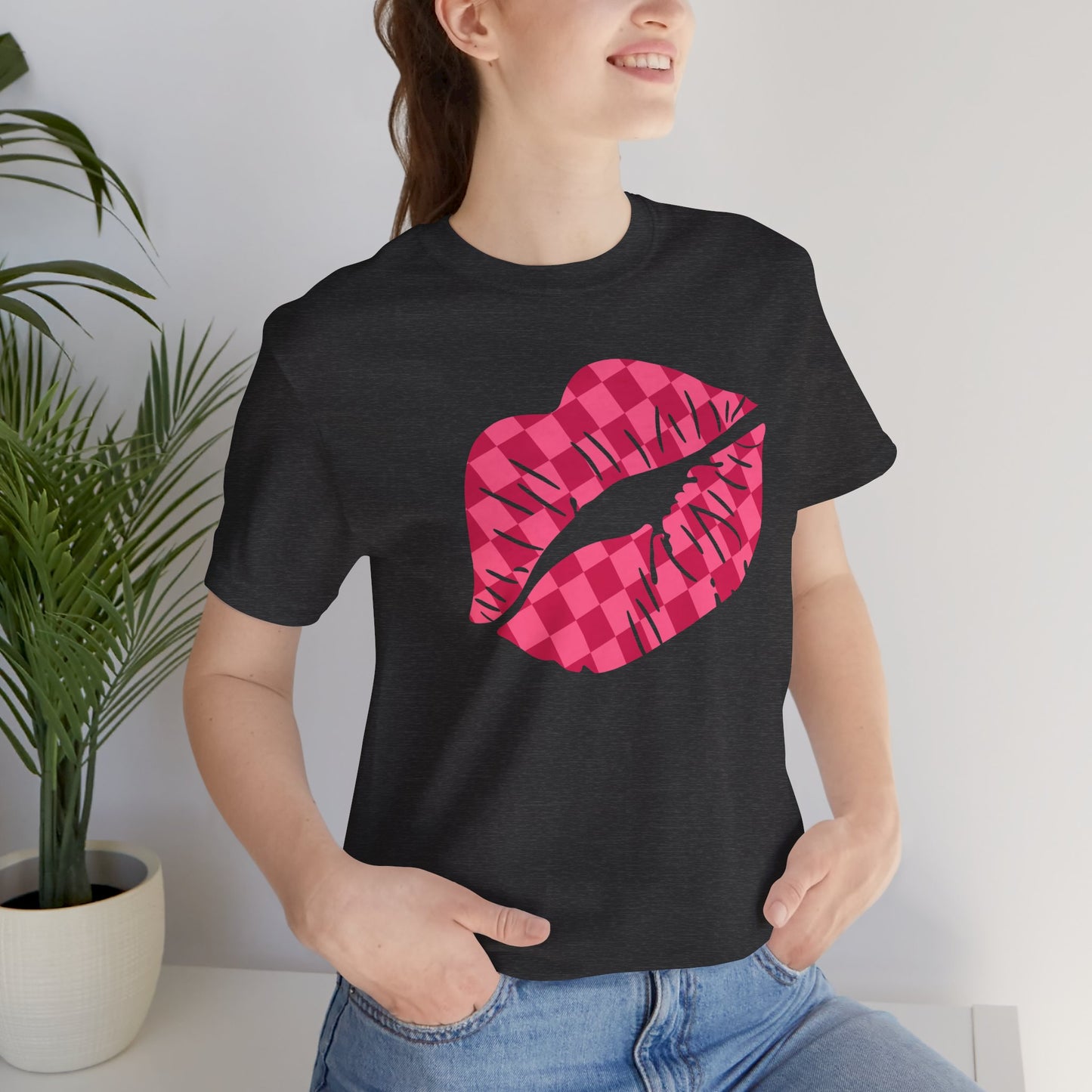 Checkered Smooch T-Shirt, Hot Pink Lips Tee, Fuchsia Kiss Shirt, Unisex Graphic Top, Kiss Print Apparel, Valentine's Shirt,