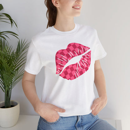 Checkered Smooch T-Shirt, Hot Pink Lips Tee, Fuchsia Kiss Shirt, Unisex Graphic Top, Kiss Print Apparel, Valentine's Shirt,