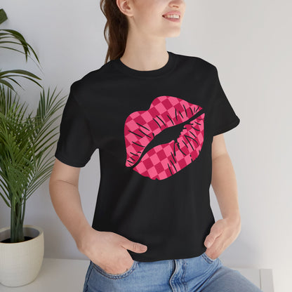 Checkered Smooch T-Shirt, Hot Pink Lips Tee, Fuchsia Kiss Shirt, Unisex Graphic Top, Kiss Print Apparel, Valentine's Shirt,