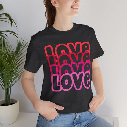 Love Repeat Tee, Red Pink Bold Outline Font T-Shirt, Heart Pattern Shirt, Valentine's Day Graphic Top, Unisex Jersey Short Sleeve Tee