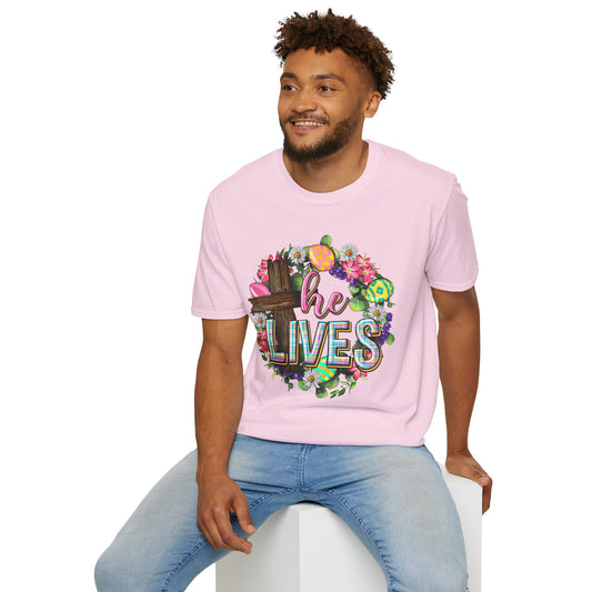 He Lives Floral Wreath Unisex T-Shirt - Spring & Easter Celebration Tee