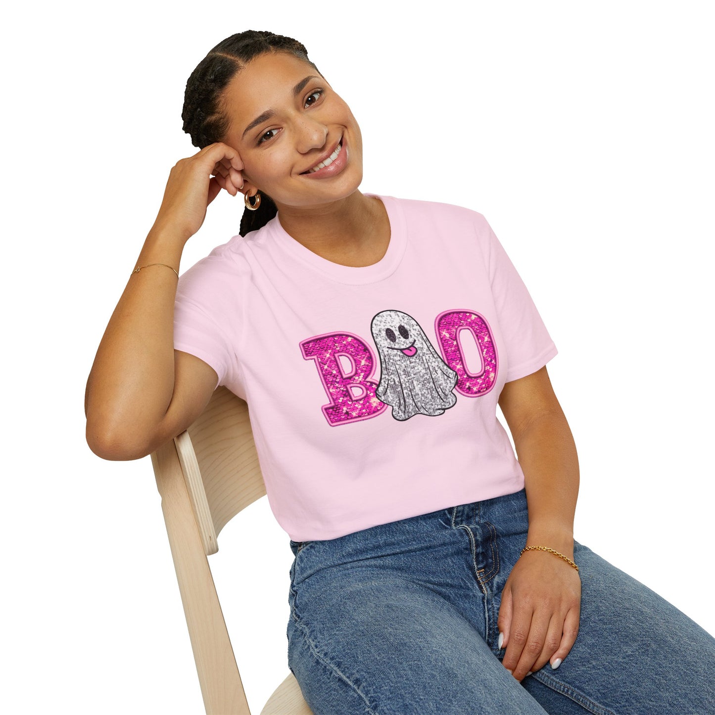 Faux Glitter "BOO" Shirt – Spooky Meets Sparkly! - Unisex Softstyle T-Shirt