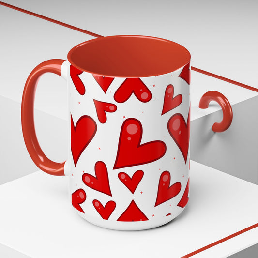 Red Hearts Accent Mug, Coffee Cup with Big Red Hearts, White Background, Red Handle and Inside, Valentine's Day Gift, Love Mug, Romantic