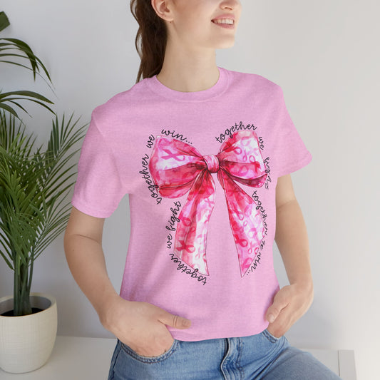 Pink Cancer Coquette Bow Tee, Breast Cancer Awareness Ribbon Shirt, Unisex Jersey Short Sleeve Top, Pink Ribbon T-shirt,  Express Delivery available