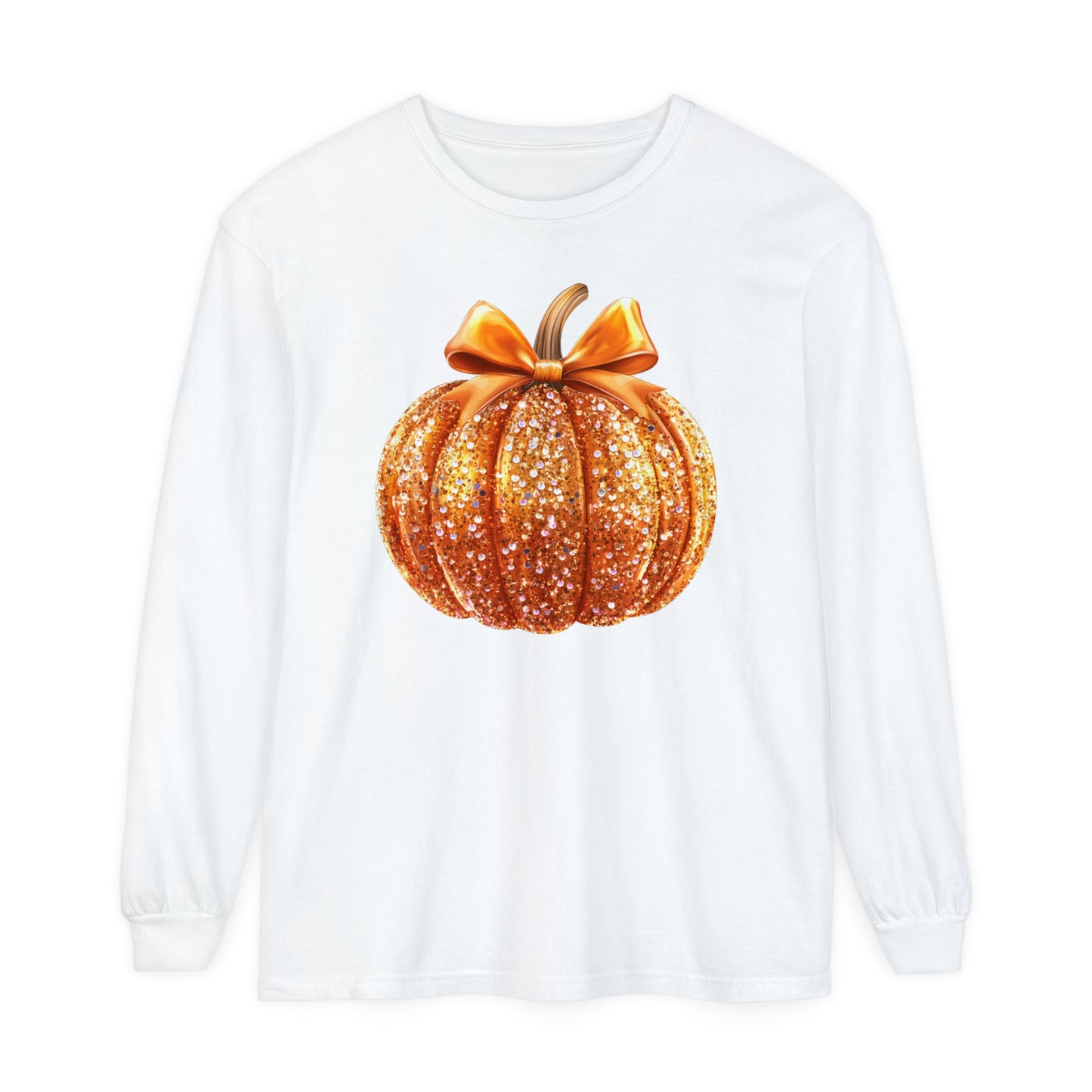 Pumpkin Sequin Long Sleeve Shirt, Halloween Orange Glitter Top & Bow, Comfort Colors Tee, Unisex Garment-dyed T-Shirt