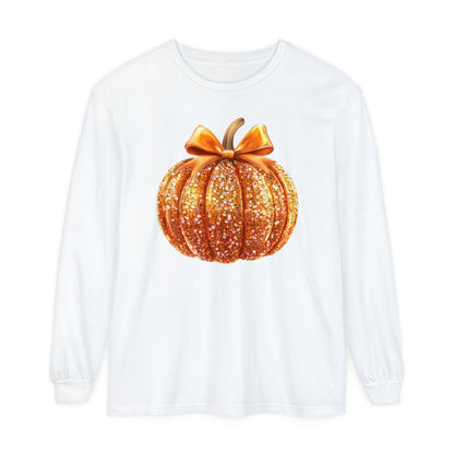 Pumpkin Sequin Long Sleeve Shirt, Halloween Orange Glitter Top & Bow, Comfort Colors Tee, Unisex Garment-dyed T-Shirt