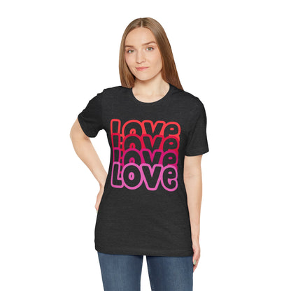 Love Repeat Tee, Red Pink Bold Outline Font T-Shirt, Heart Pattern Shirt, Valentine's Day Graphic Top, Unisex Jersey Short Sleeve Tee