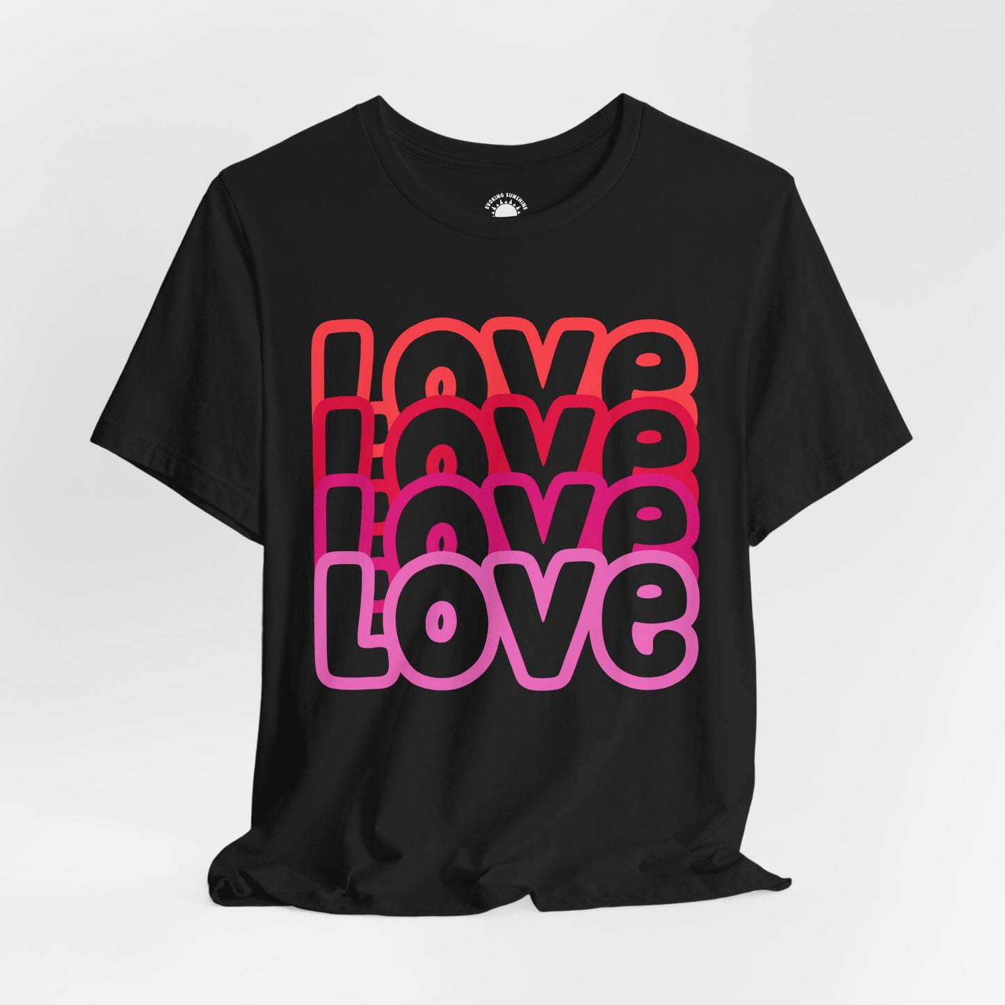 Love Repeat Tee, Red Pink Bold Outline Font T-Shirt, Heart Pattern Shirt, Valentine's Day Graphic Top, Unisex Jersey Short Sleeve Tee