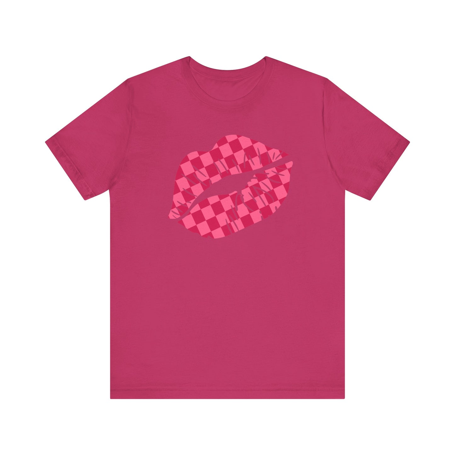 Checkered Smooch T-Shirt, Hot Pink Lips Tee, Fuchsia Kiss Shirt, Unisex Graphic Top, Kiss Print Apparel, Valentine's Shirt,