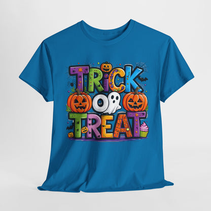 Halloween Trick or Treat Tee, Unisex Shirt for Adults, Jack-o-lantern and Ghost Design, Halloween Costume Shirt, Halloween Party Apparel,