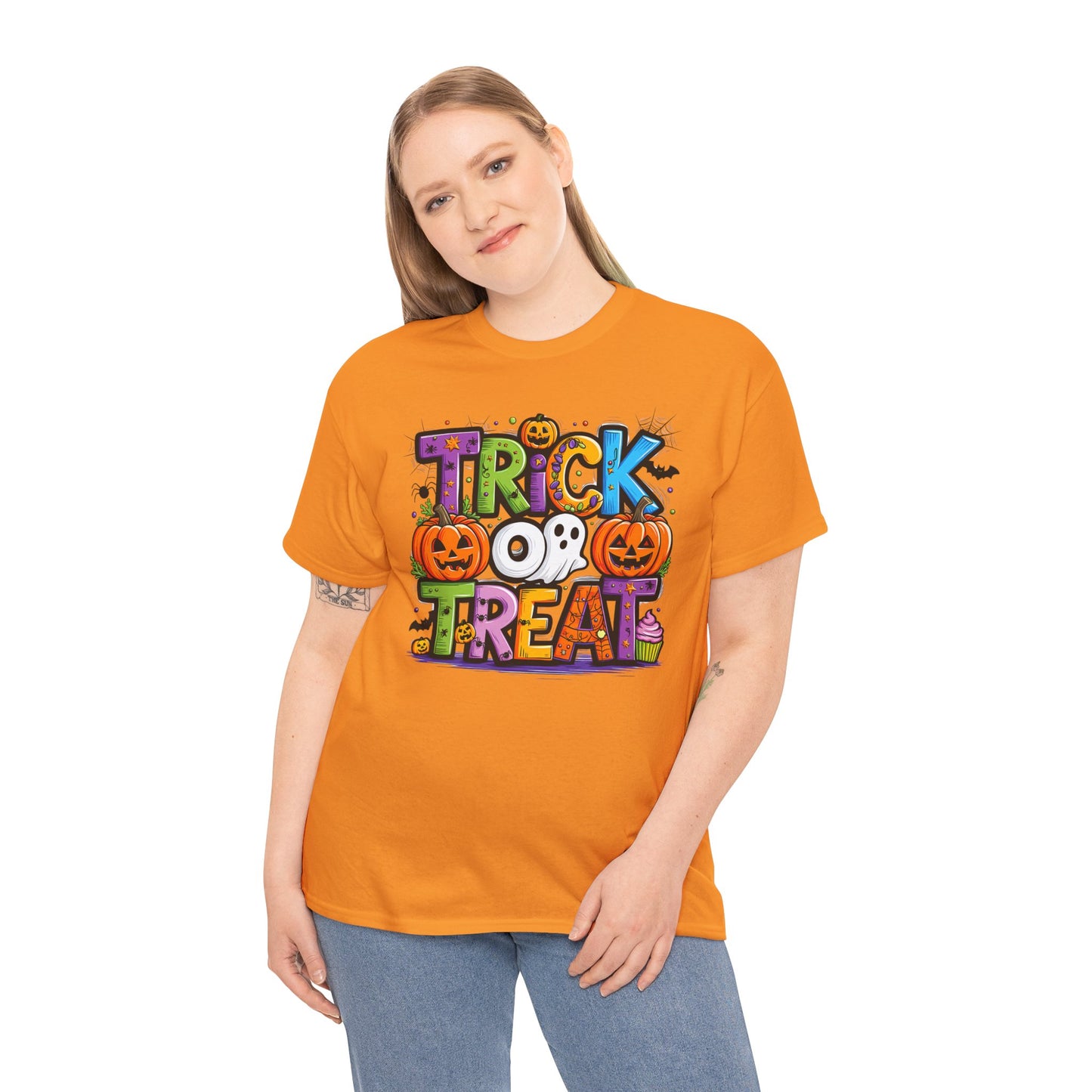 Halloween Trick or Treat Tee, Unisex Shirt for Adults, Jack-o-lantern and Ghost Design, Halloween Costume Shirt, Halloween Party Apparel,