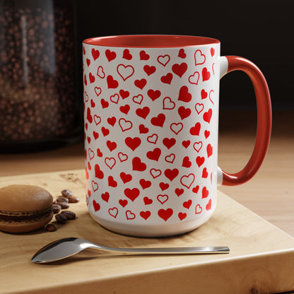 Heart Pattern Coffee Mug, Red Accent Handle, White 11 oz & 15 oz Mug, Valentine's Day Gift, Love Theme Cup, Romantic Drinkware