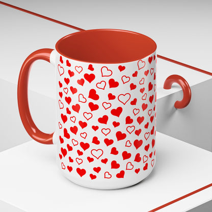 Heart Pattern Coffee Mug, Red Accent Handle, White 11 oz & 15 oz Mug, Valentine's Day Gift, Love Theme Cup, Romantic Drinkware