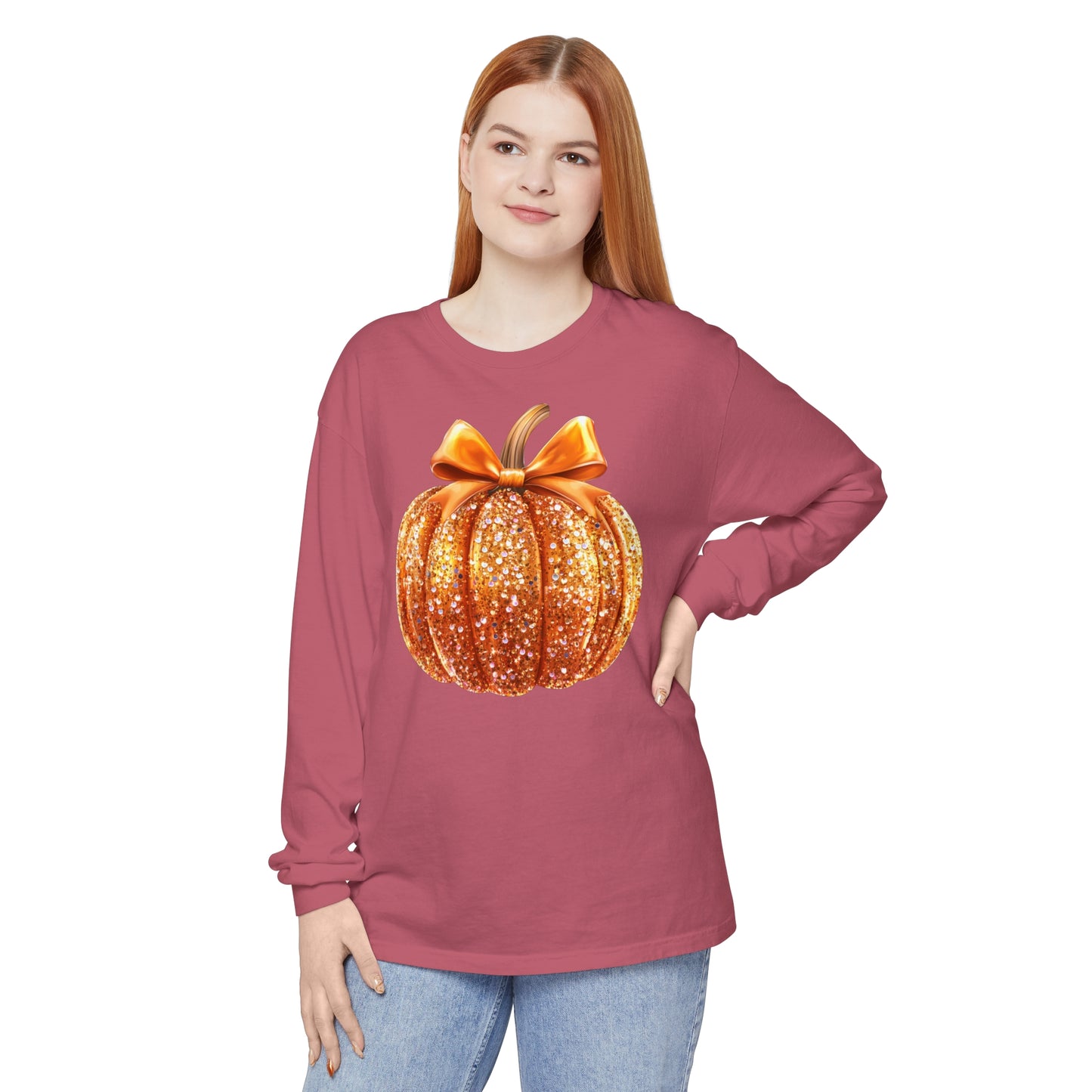 Pumpkin Sequin Long Sleeve Shirt, Halloween Orange Glitter Top & Bow, Comfort Colors Tee, Unisex Garment-dyed T-Shirt