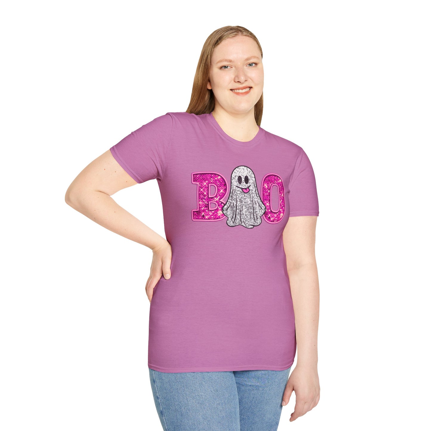 Faux Glitter "BOO" Shirt – Spooky Meets Sparkly! - Unisex Softstyle T-Shirt