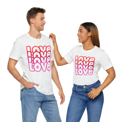 Love Repeat Tee, Red Pink Bold Outline Font T-Shirt, Heart Pattern Shirt, Valentine's Day Graphic Top, Unisex Jersey Short Sleeve Tee