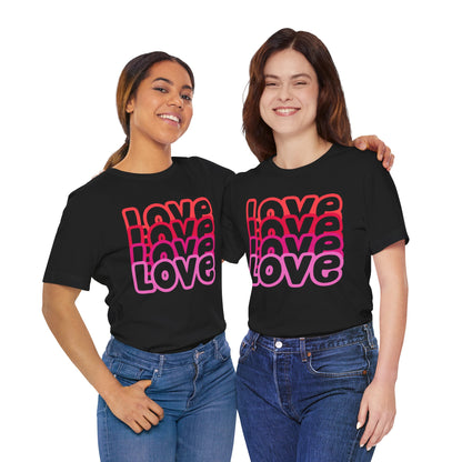 Love Repeat Tee, Red Pink Bold Outline Font T-Shirt, Heart Pattern Shirt, Valentine's Day Graphic Top, Unisex Jersey Short Sleeve Tee