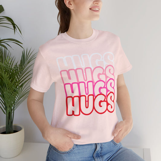 Hugs Repeat Tee, Red Pink Bold Outline Font T-Shirt, Heart Pattern Shirt, Valentine's Day Graphic Top, Unisex Jersey Short Sleeve Tee